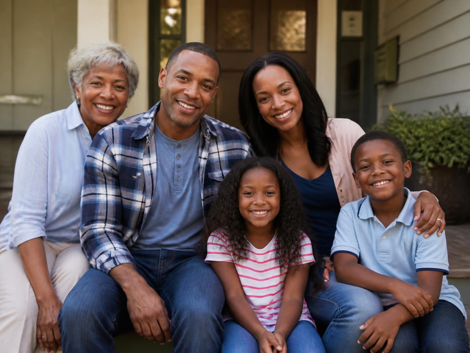 Three generations of a family sitting together on the front porch of their home